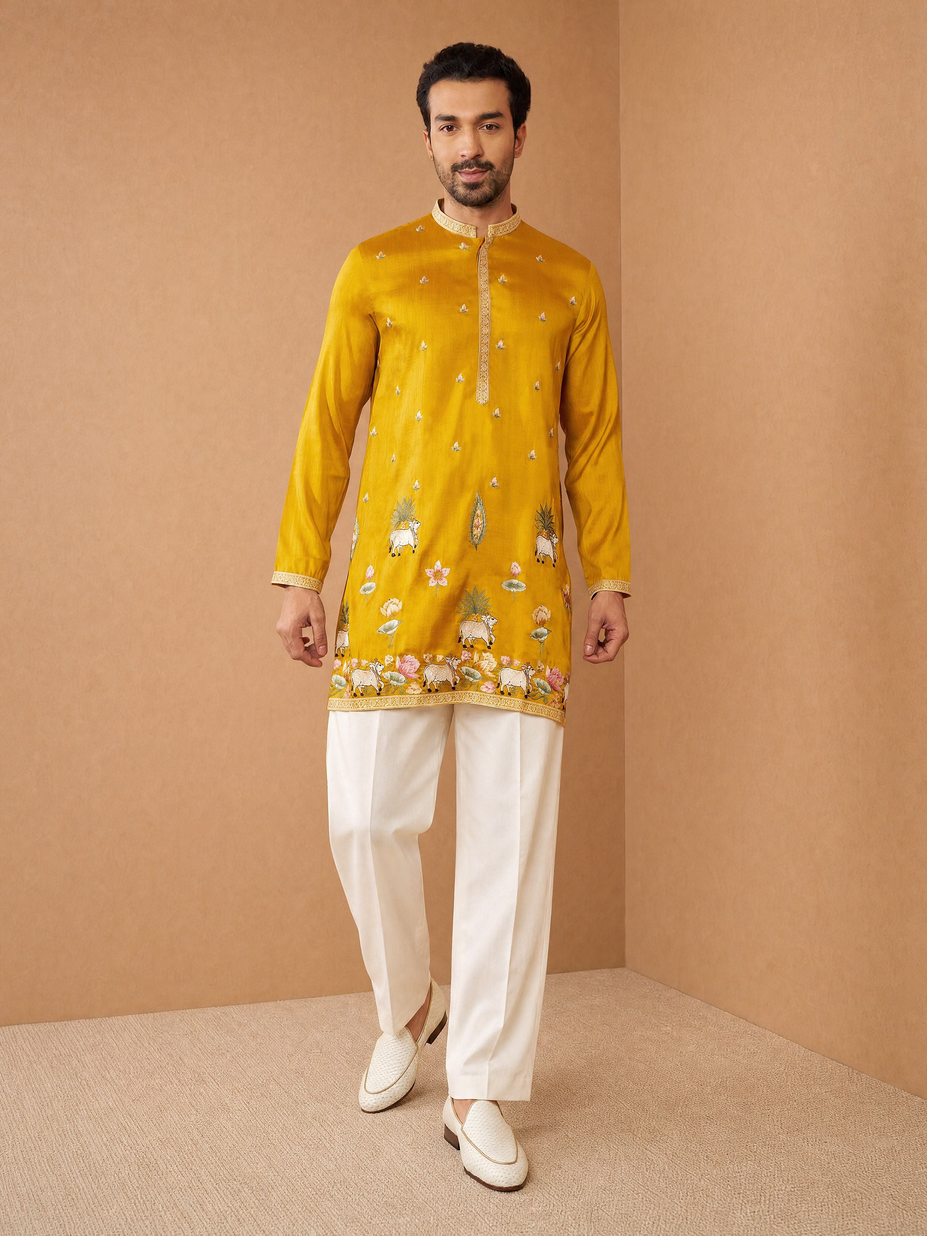 Men's Mustard Silk-Blend Embroidered Thigh Length Thigh Length Kurta with Wide Leg Pant