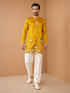 Men's Mustard Silk-Blend Embroidered Thigh Length Thigh Length Kurta with Wide Leg Pant