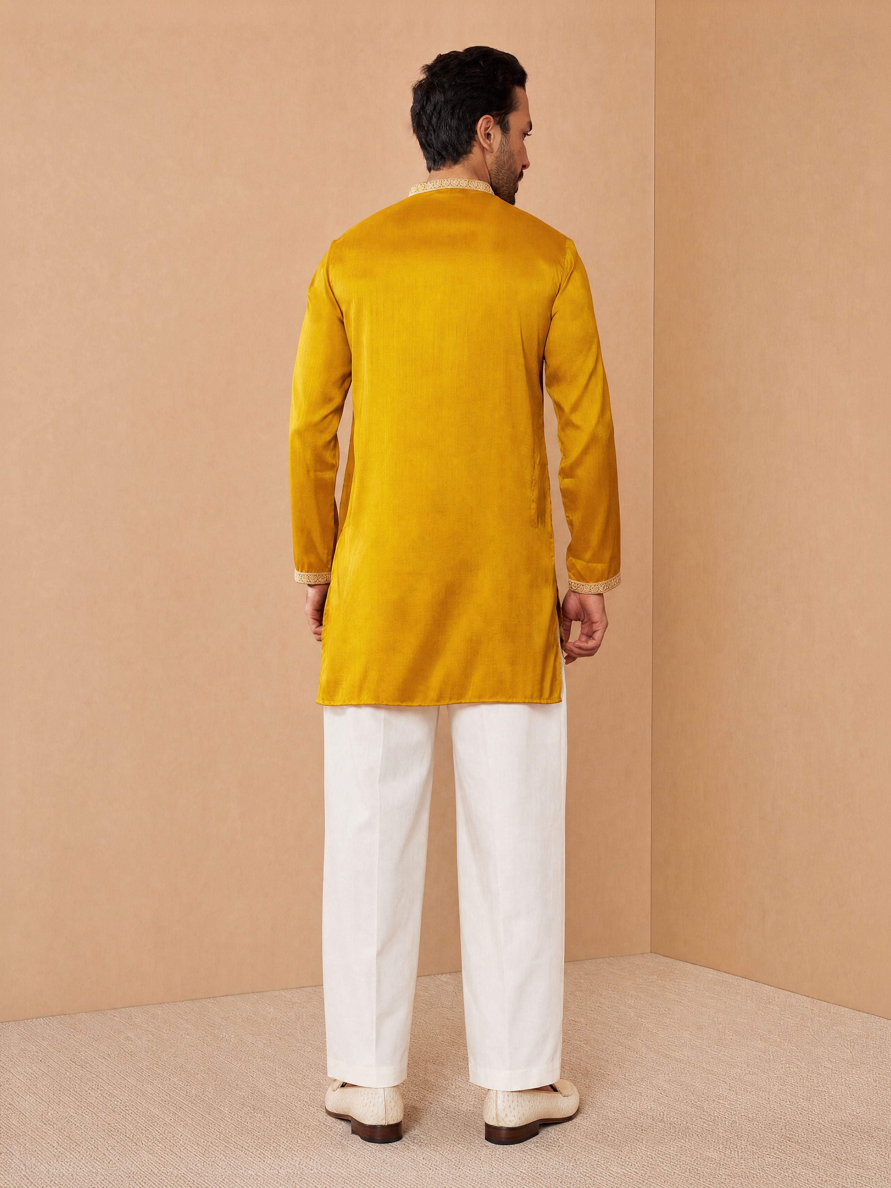 Men's Mustard Silk-Blend Embroidered Thigh Length Thigh Length Kurta with Wide Leg Pant