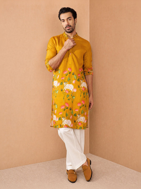 Men Mustard Silk Blend Thigh Length Kurta with Wide Leg Pant Festive Ethnic Wear