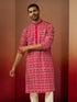 Vastramay Men Red Linen Silk Thread Embroidered Kurta