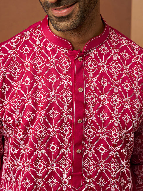 Men's Red Linen Silk Kurta with Cream Pants