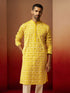 Vastramay Men Yellow Linen Silk Thread Embroidered Kurta