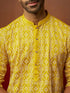 Vastramay Men Yellow Linen Silk Thread Embroidered Kurta