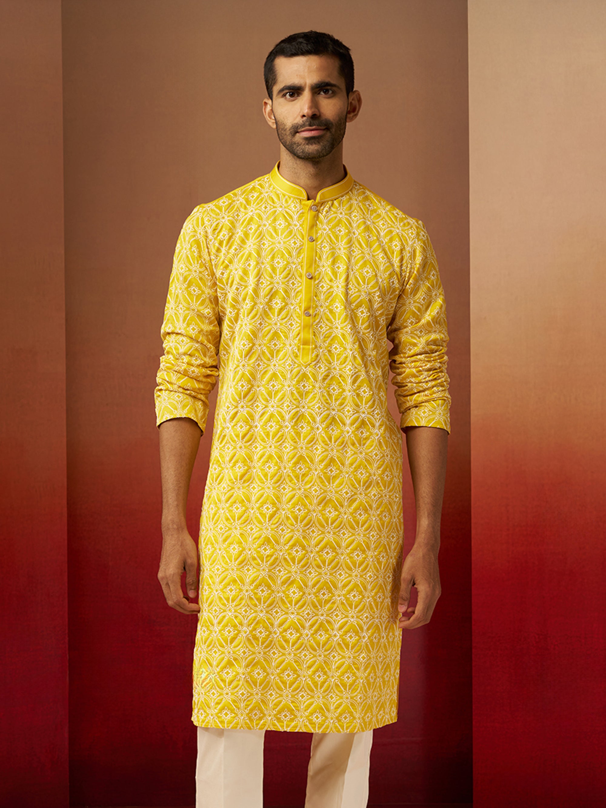 Vastramay Men Yellow Linen Silk Thread Embroidered Kurta