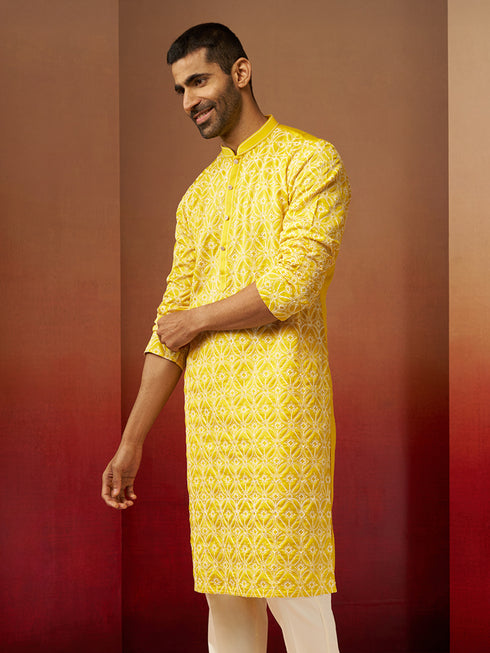 Vastramay Men Yellow Linen Silk Thread Embroidered Kurta