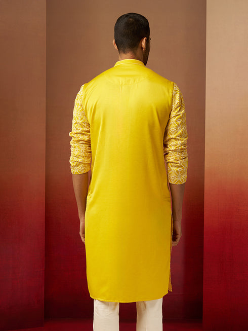 Vastramay Men Yellow Linen Silk Thread Embroidered Kurta