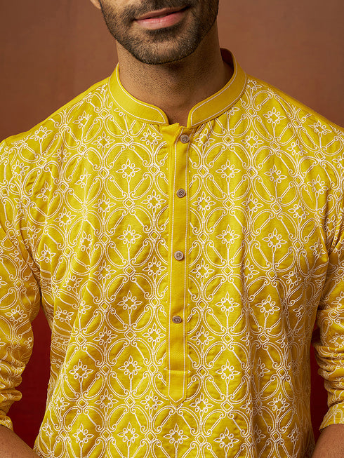 Men's Yellow Thread Embroidered Kurta with Pyjama