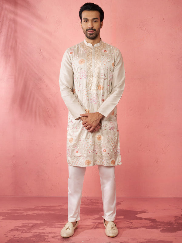Men's Grey Silk Blend Kurta with Cream Pyjama