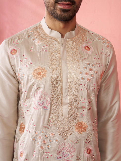 Men's Grey Silk Blend Kurta with Cream Pyjama