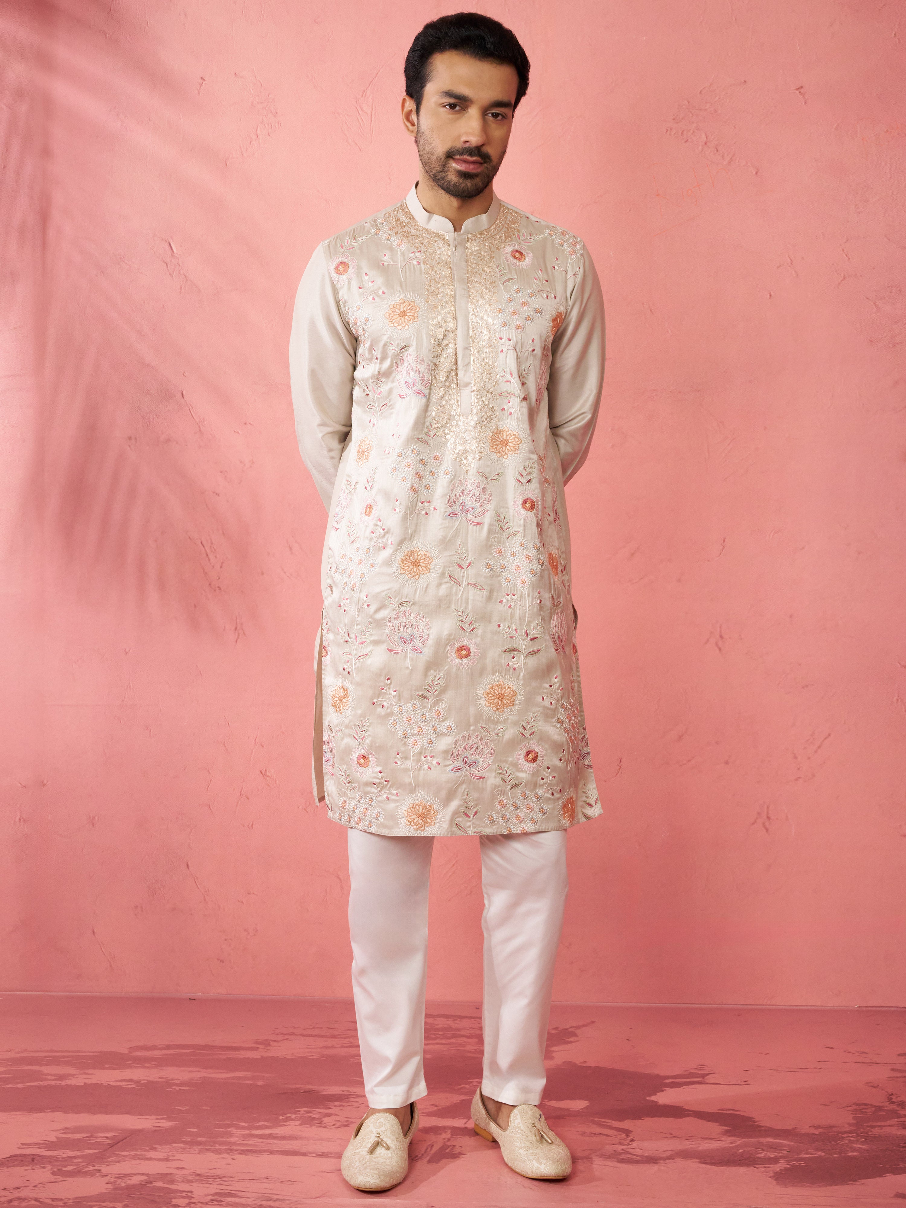 Men's Grey Silk Blend Kurta with Cream Pyjama