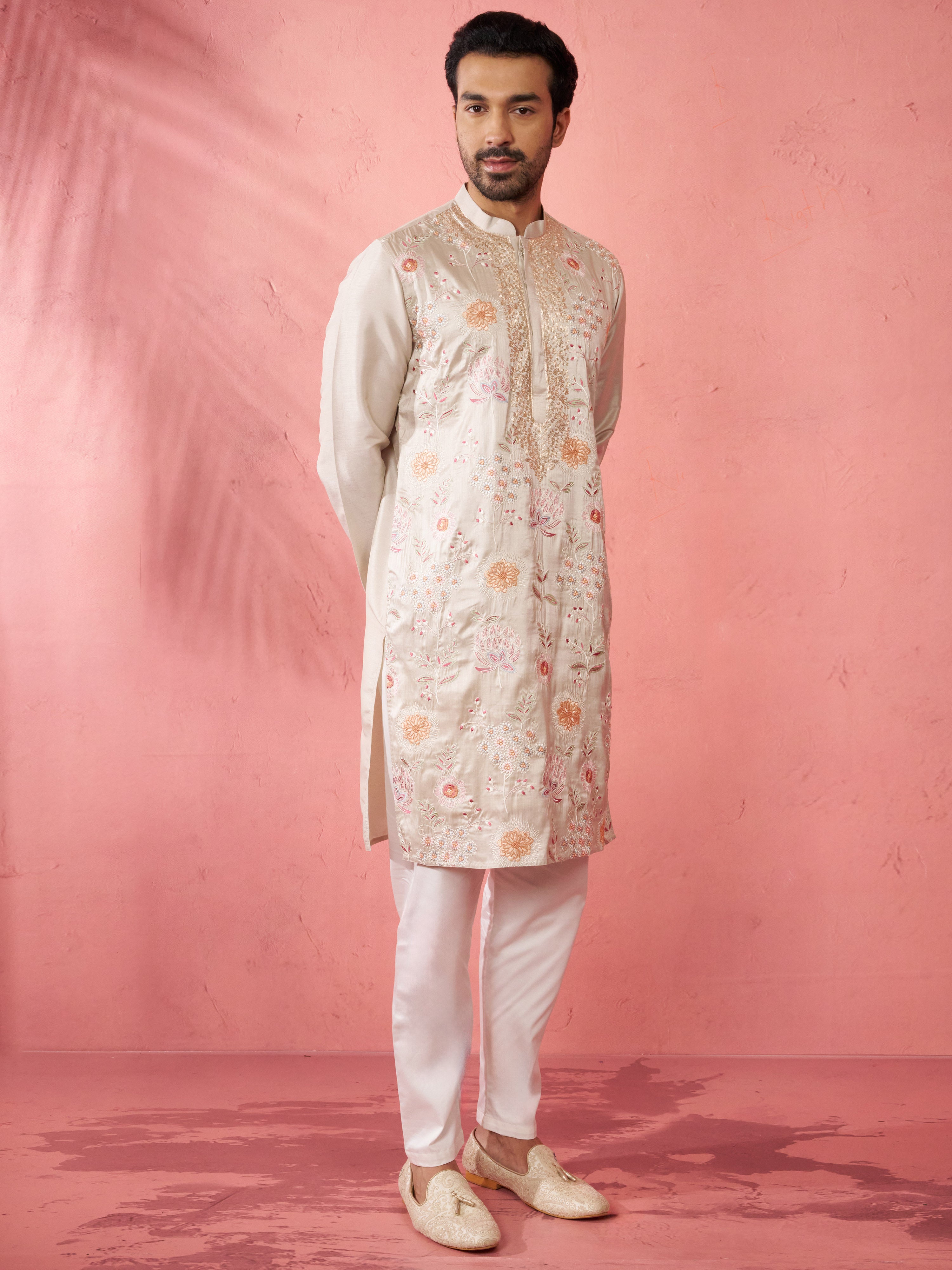Men's Grey Silk Blend Kurta with Cream Pyjama