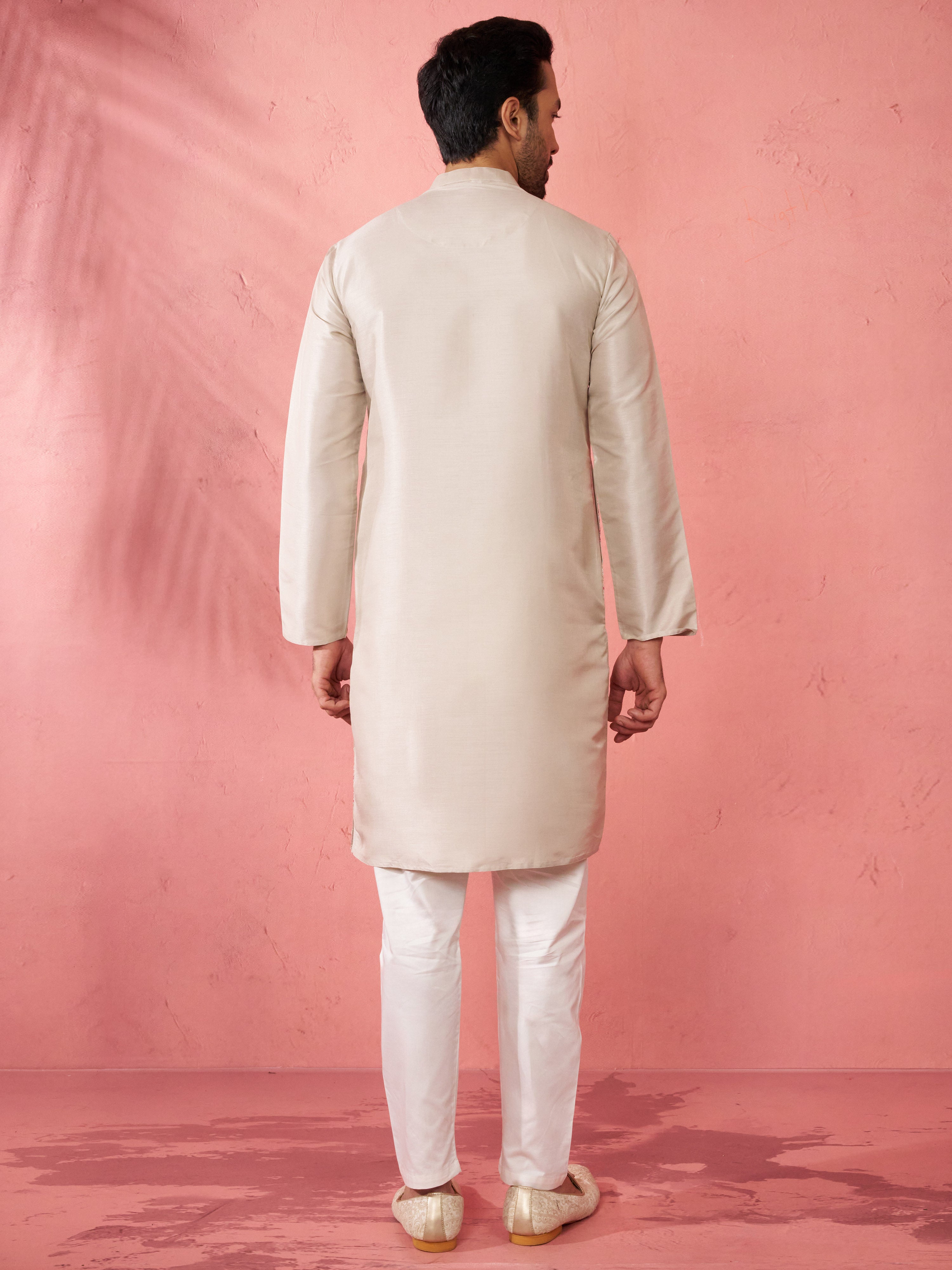 Men's Grey Silk Blend Kurta with Cream Pyjama