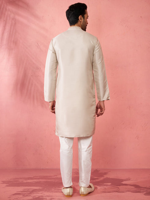 Men's Grey Silk Blend Kurta with Cream Pyjama