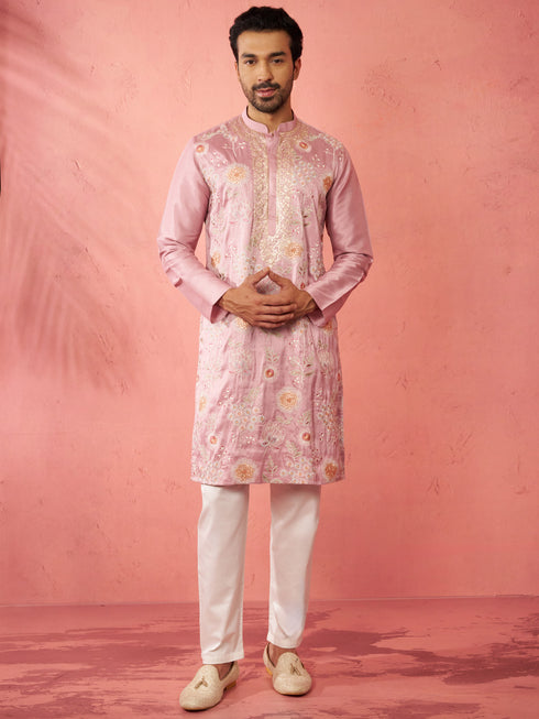 Men's Onion Silk Blend Kurta with Cream Pyjama