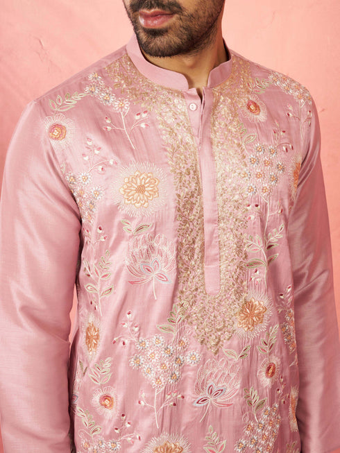 Men's Onion Silk Blend Kurta with Cream Pyjama