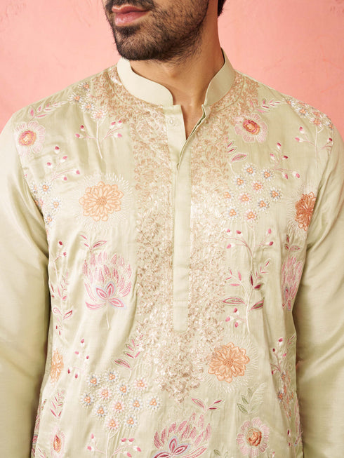 Men's Light Green Silk Blend Kurta with Cream Pyjama