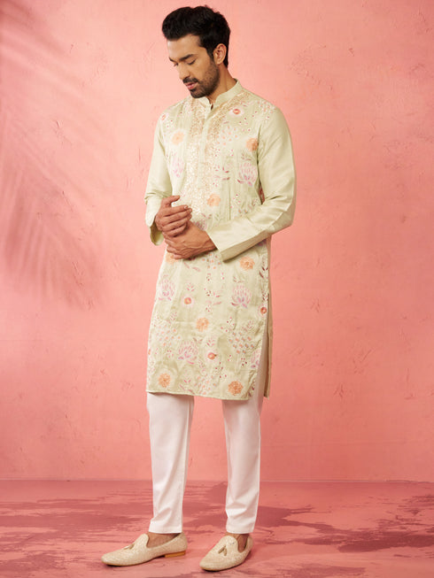 Men's Light Green Silk Blend Kurta with Cream Pyjama