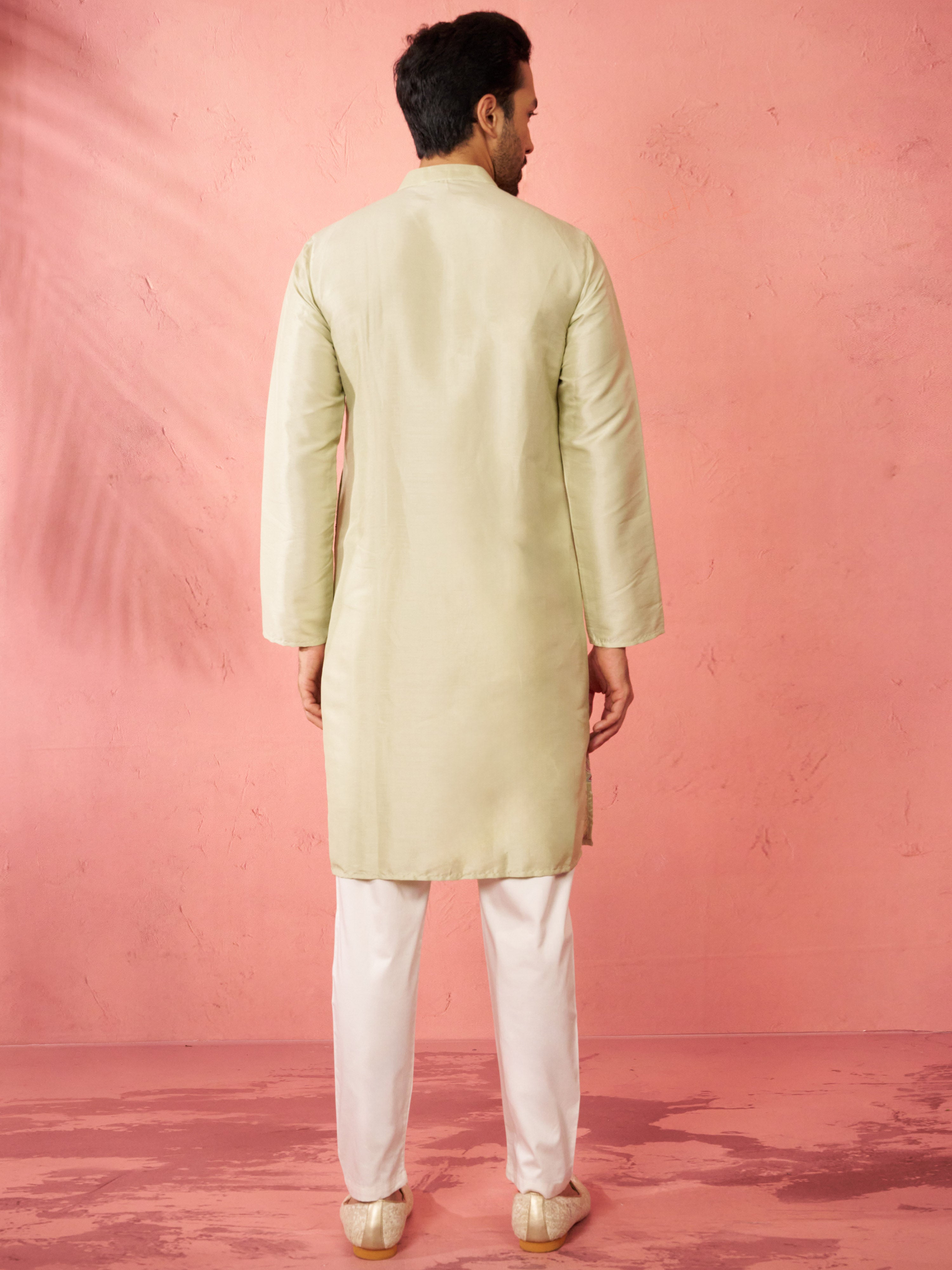 Men's Light Green Silk Blend Kurta with Cream Pyjama