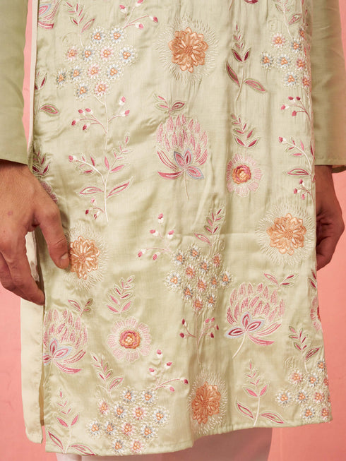 Men's Light Green Silk Blend Kurta with Cream Pyjama