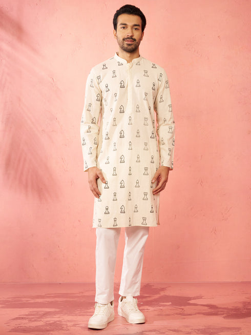 Men's Cream Cotton Kurta with White Pyjama