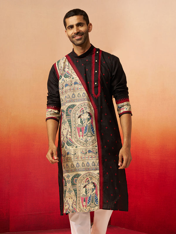 Vastramay Men Black Cotton High Neck Digital Print Kurta