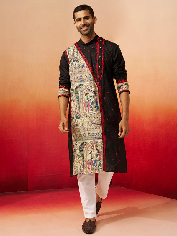 Men's Black Digital Print Kurta with Pyjama