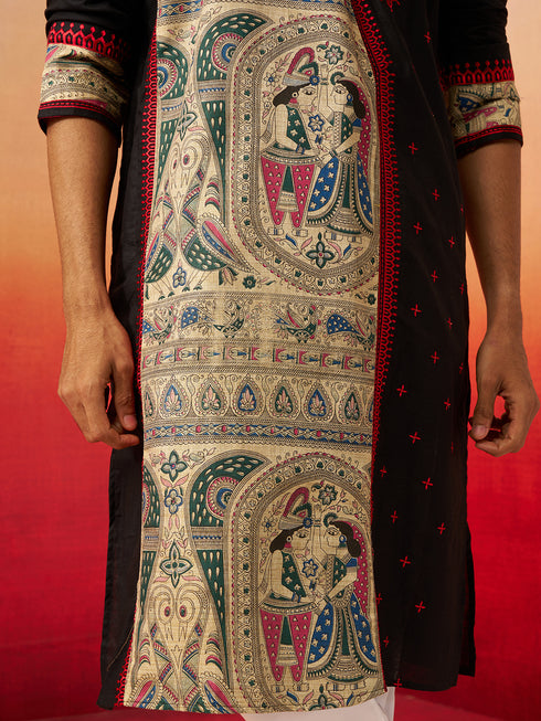 Men's Black Digital Print Kurta with Pyjama