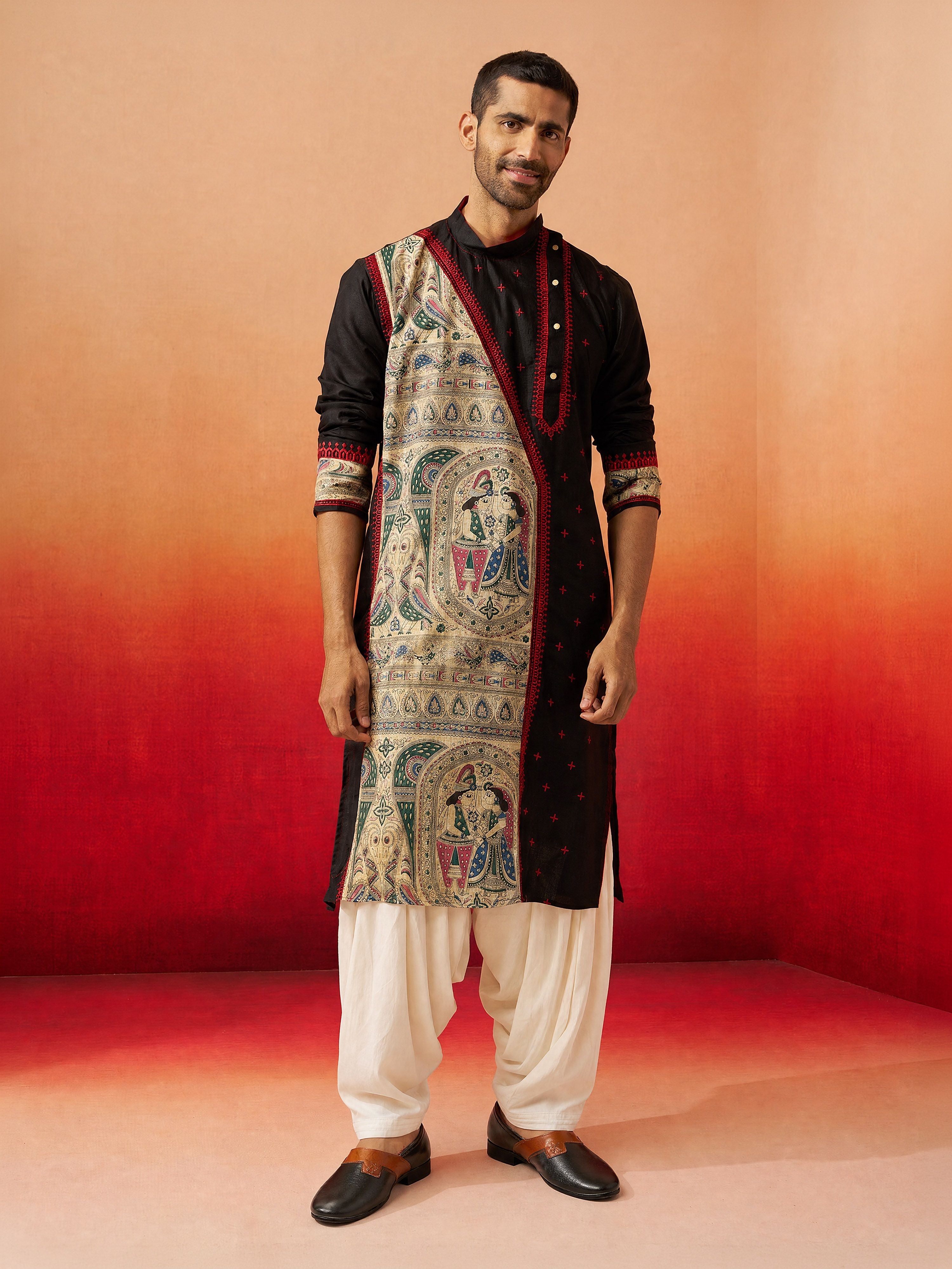 Men's Black Cotton Printed Knee Length Kurta with Patiala