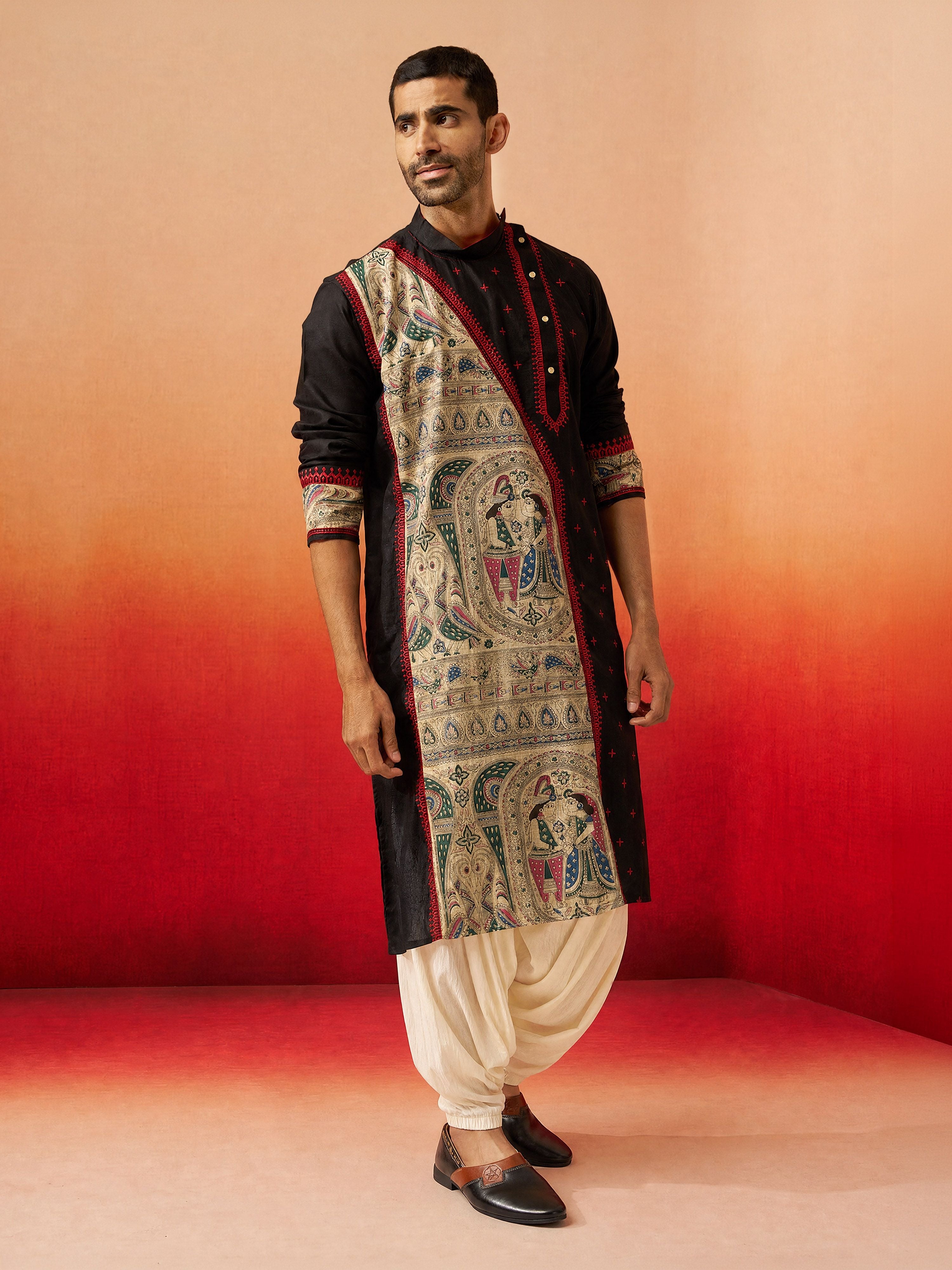 Men's Black Cotton Printed Knee Length Kurta with Patiala