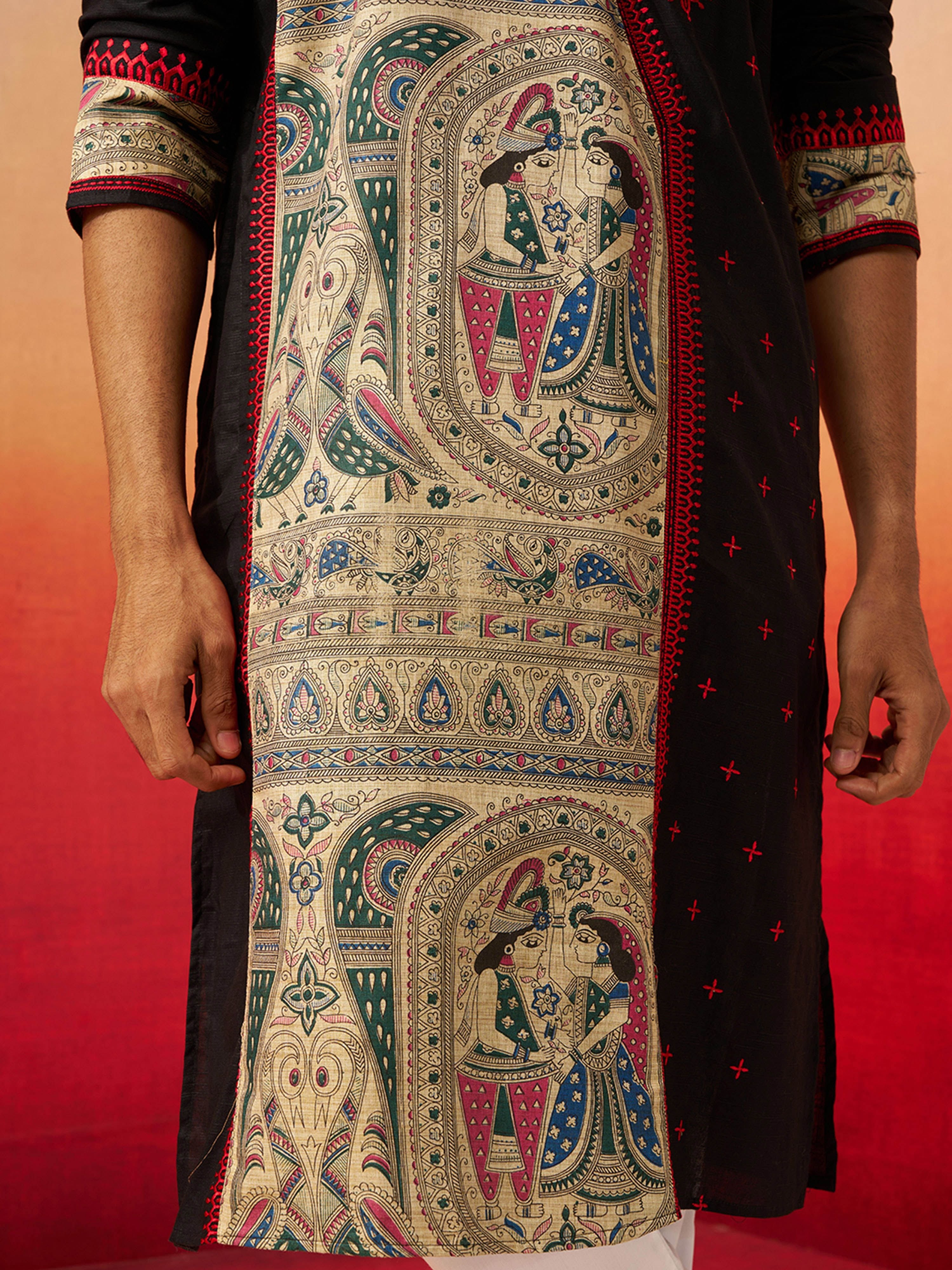 Men's Black Cotton Printed Knee Length Kurta with Patiala