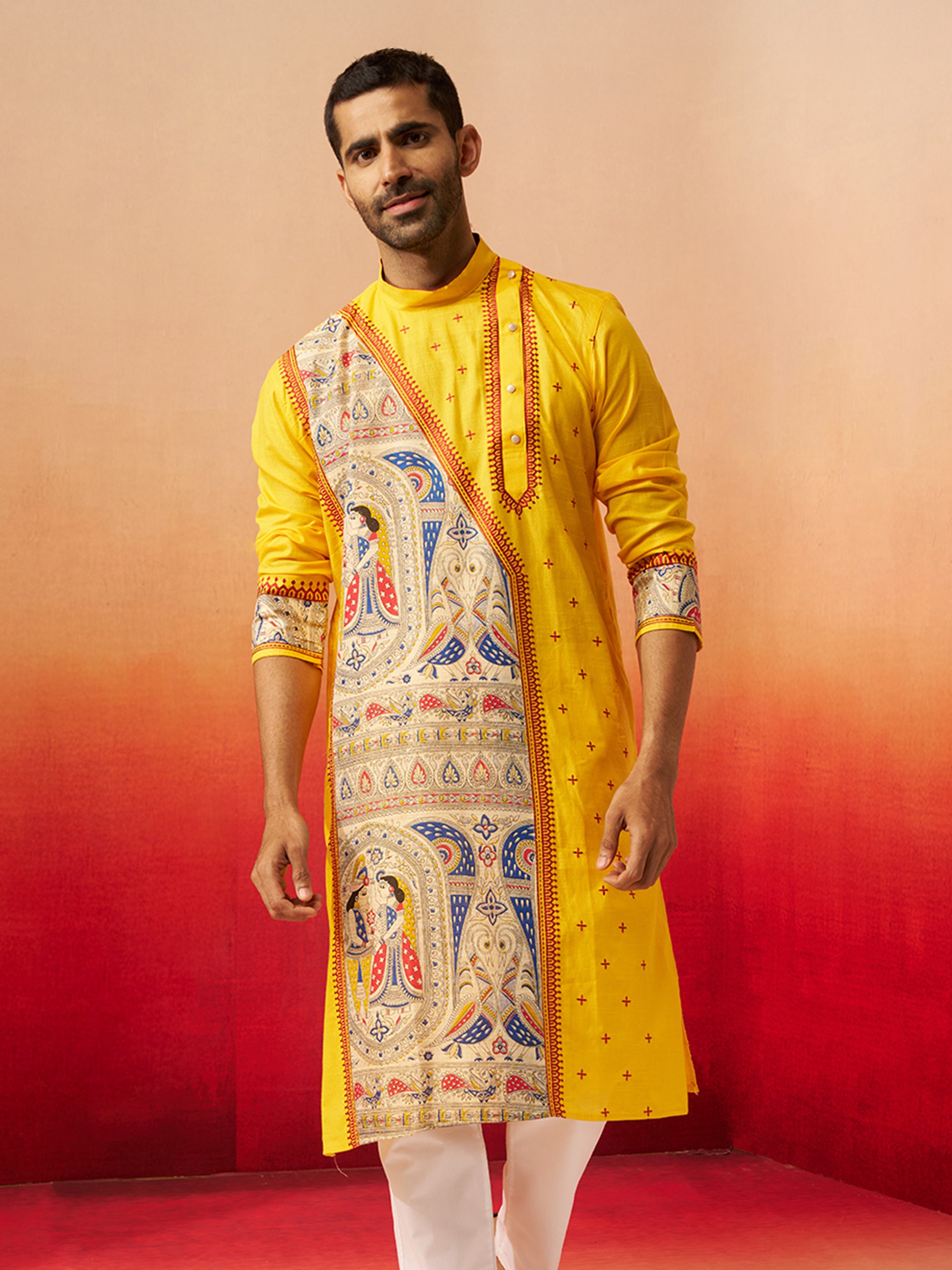 Vastramay Men Yellow Cotton High Neck Digital Print Kurta
