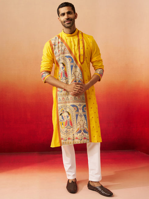 Men's Yellow Digital Print Kurta with Pyjama