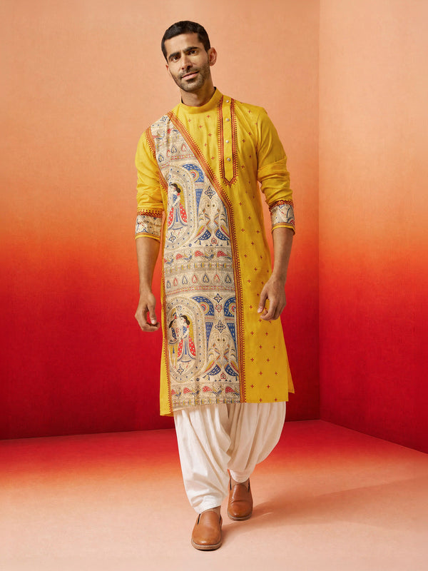 Men Yellow Cotton Kurta with Patiala Festive Ethnic Wear
