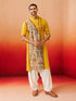 Men's Yellow Cotton Printed Knee Length Kurta with Patiala