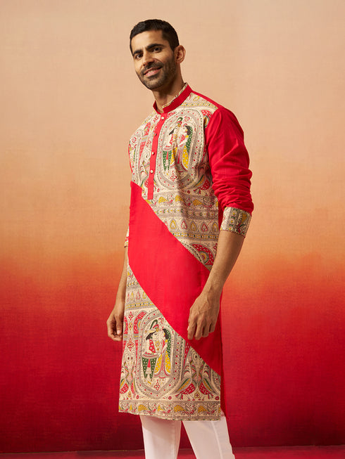 Vastramay Men Maroon Cotton Digital Print Kurta