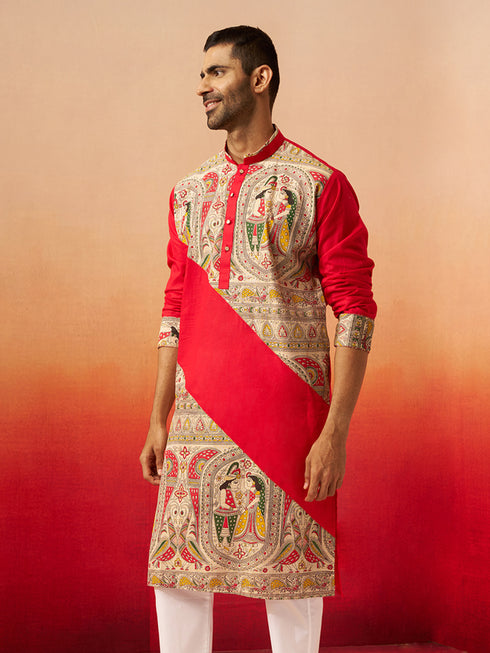 Vastramay Men Maroon Cotton Digital Print Kurta