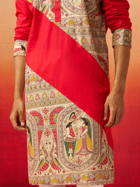 Vastramay Men Maroon Cotton Digital Print Kurta