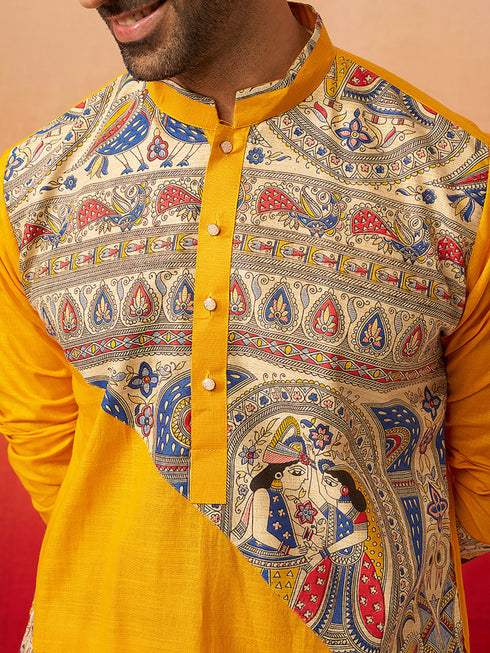 Vastramay Men Yellow Cotton Digital Print Kurta