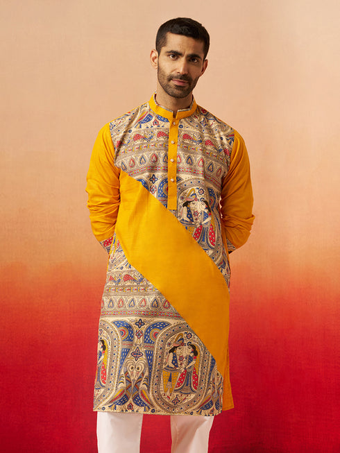 Vastramay Men Yellow Cotton Digital Print Kurta