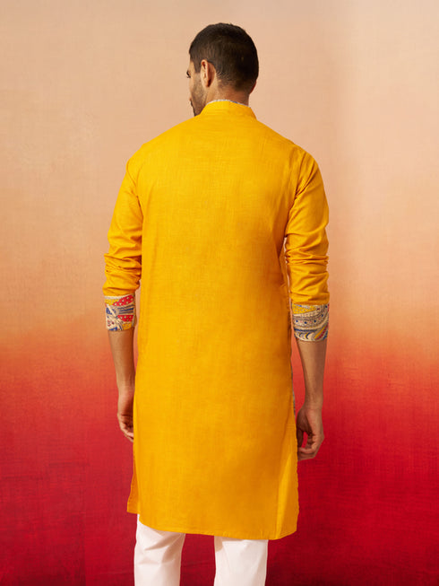 Vastramay Men Yellow Cotton Digital Print Kurta