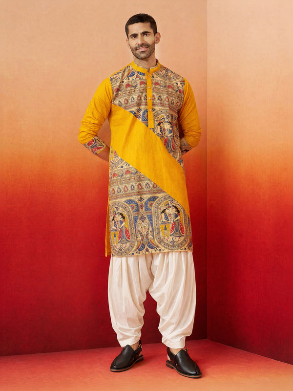 Men Yellow Cotton Kurta with Patiala Festive Ethnic Wear