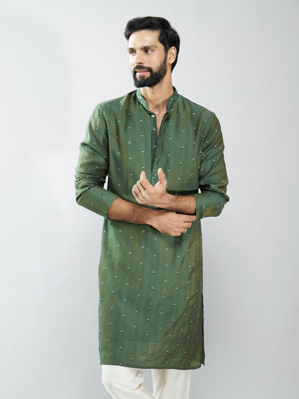 Men Mehendi Green Silk Blend Embroidered Long Kurta