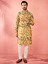 Men's Mustard Cotton Linen Kurta Set with Cream Pyjama