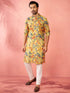 Men's Mustard Cotton Linen Kurta Set with Cream Pyjama
