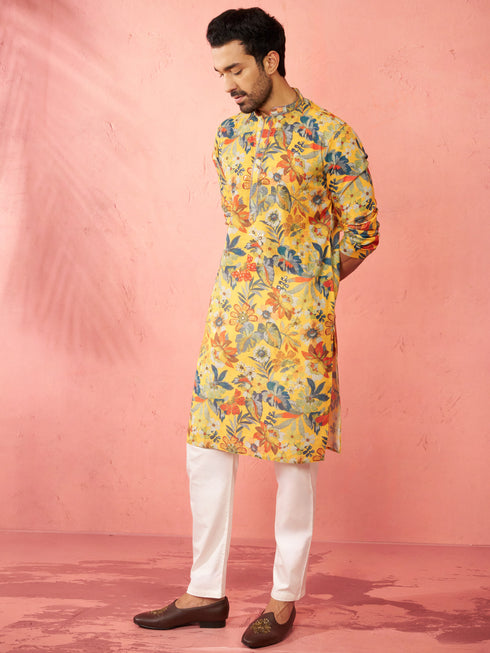 Men's Mustard Cotton Linen Kurta Set with Cream Pyjama