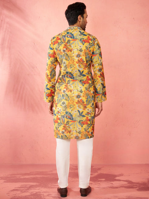 Men's Mustard Cotton Linen Kurta Set with Cream Pyjama