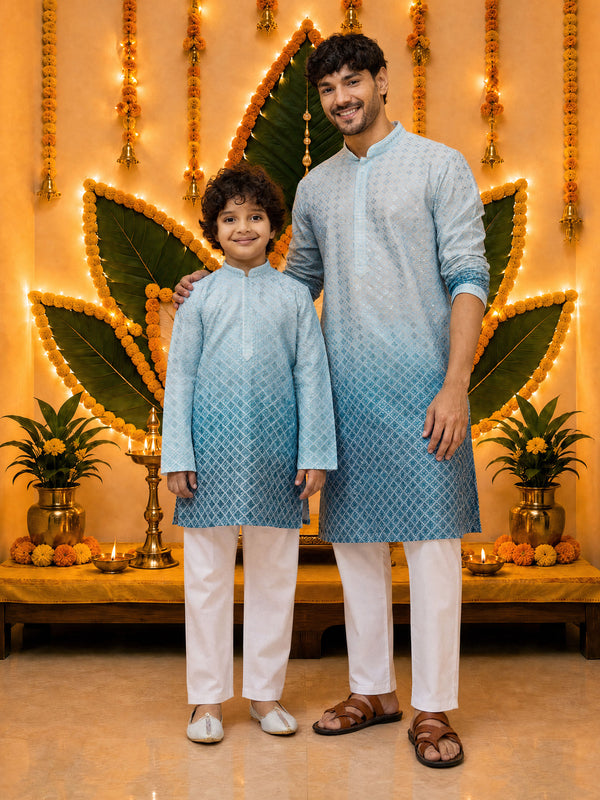 Men's Aqua Cotton Sequin Ombre Kurta with White Trousers