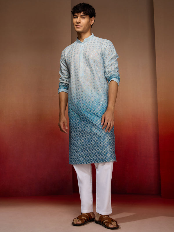 Men's Aqua Cotton Sequin Ombre Kurta with White Trousers