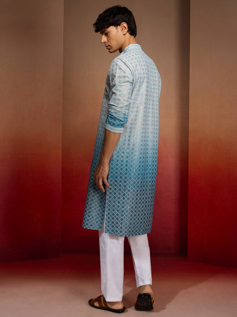 Men's Aqua Cotton Sequin Ombre Kurta with White Trousers